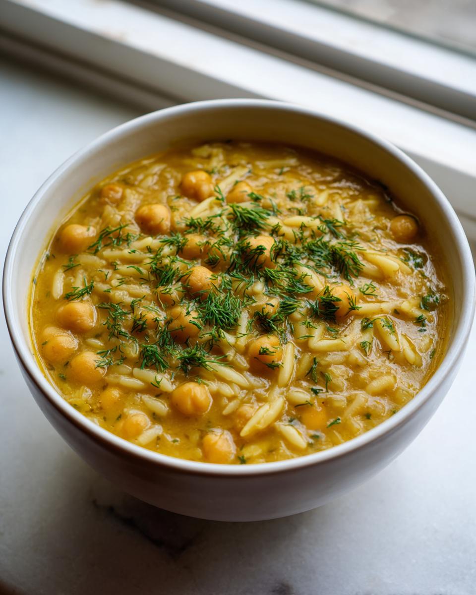 A close-up of a creamy, yellow chickpea soup featuring whole chickpeas and orzo pasta, topped generously with fresh dill.