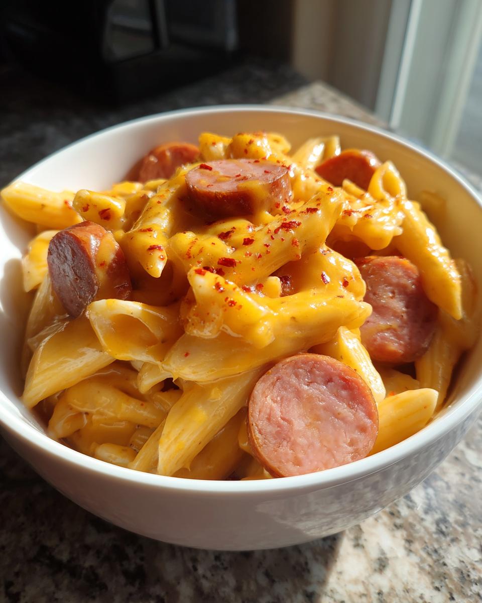 Close-up of a white bowl filled with creamy, cheesy kielbasa pasta, topped with sliced smoked sausage and red pepper flakes.