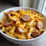 A close-up of a white bowl filled with creamy kielbasa pasta, featuring penne noodles and thick slices of smoked sausage covered in melted cheddar cheese.