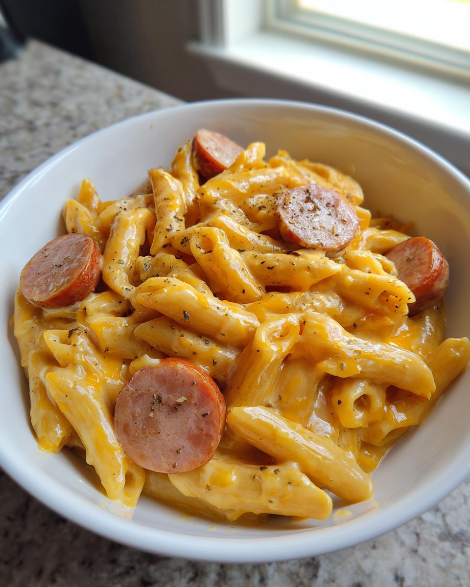 Close-up of creamy, cheesy kielbasa pasta made with penne noodles and sliced smoked sausage.