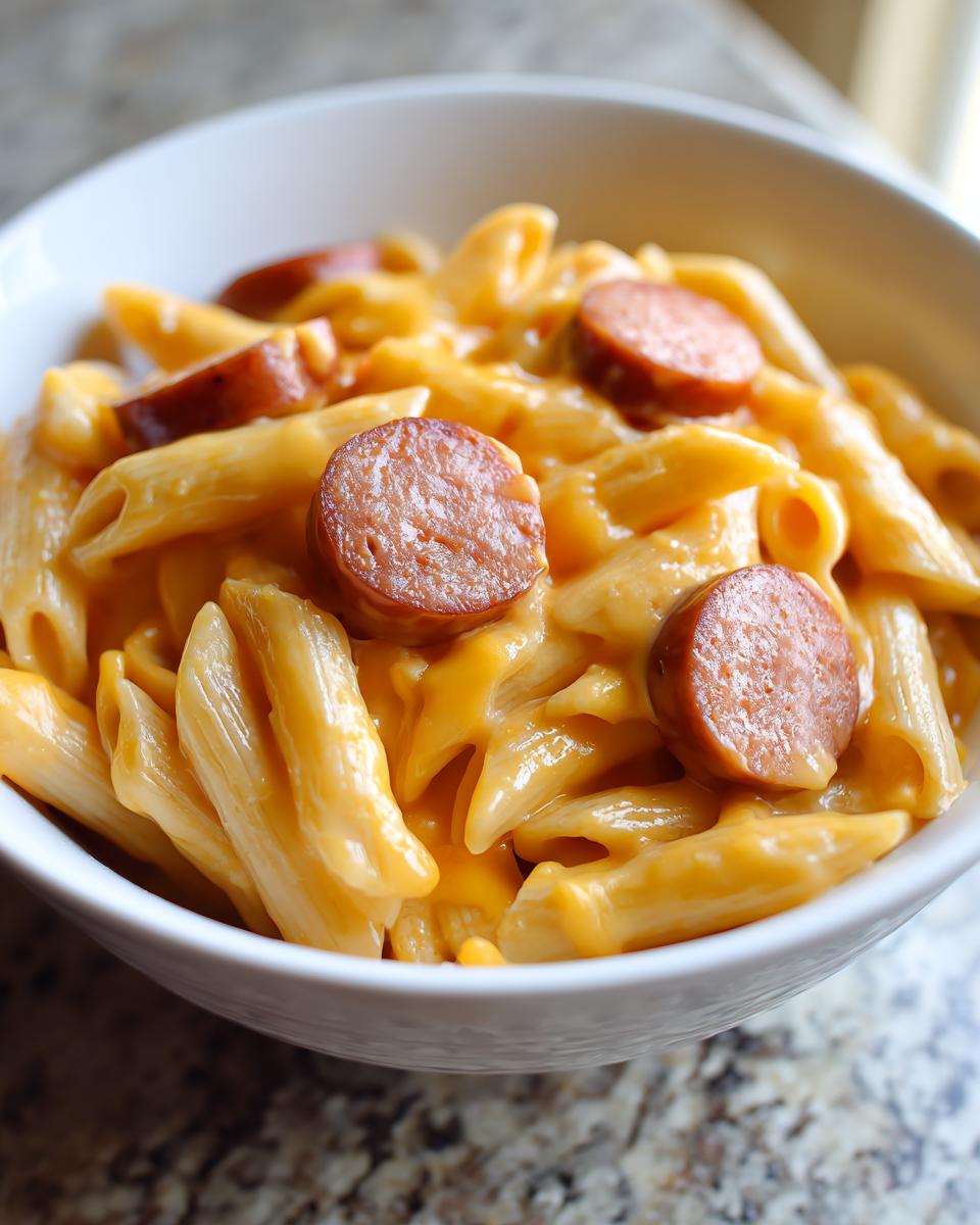 Close-up of creamy kielbasa pasta featuring penne noodles coated in cheese sauce and topped with sliced smoked sausage.