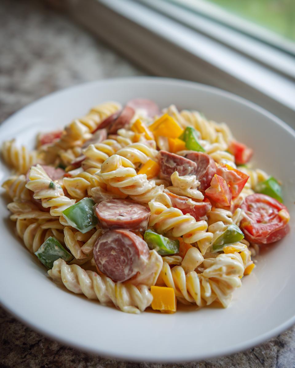 Close-up of creamy kielbasa pasta salad featuring rotini pasta, sliced smoked sausage, peppers, and tomatoes in a white bowl.