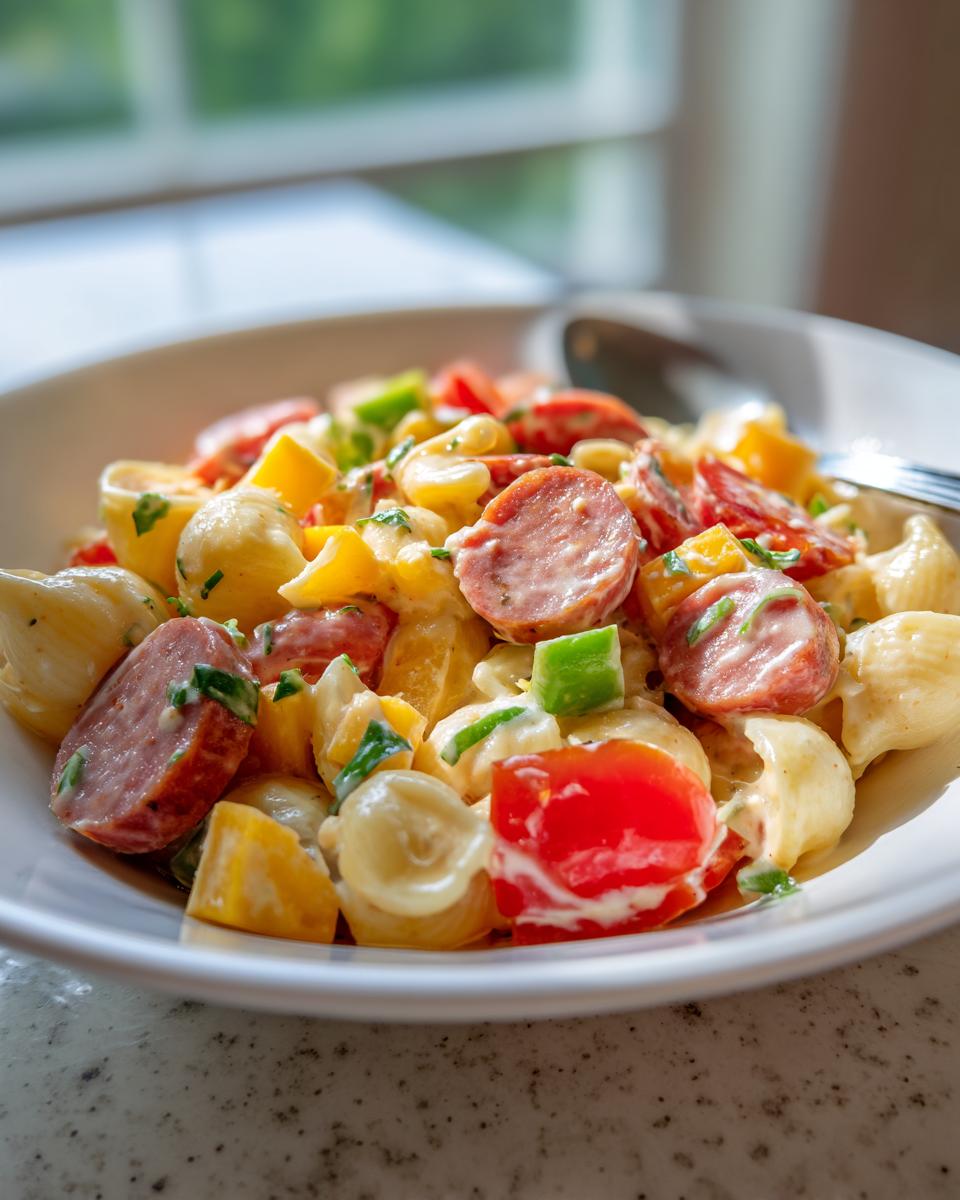 Close-up of a bowl filled with creamy kielbasa pasta salad featuring sliced sausage, tomatoes, and peppers.