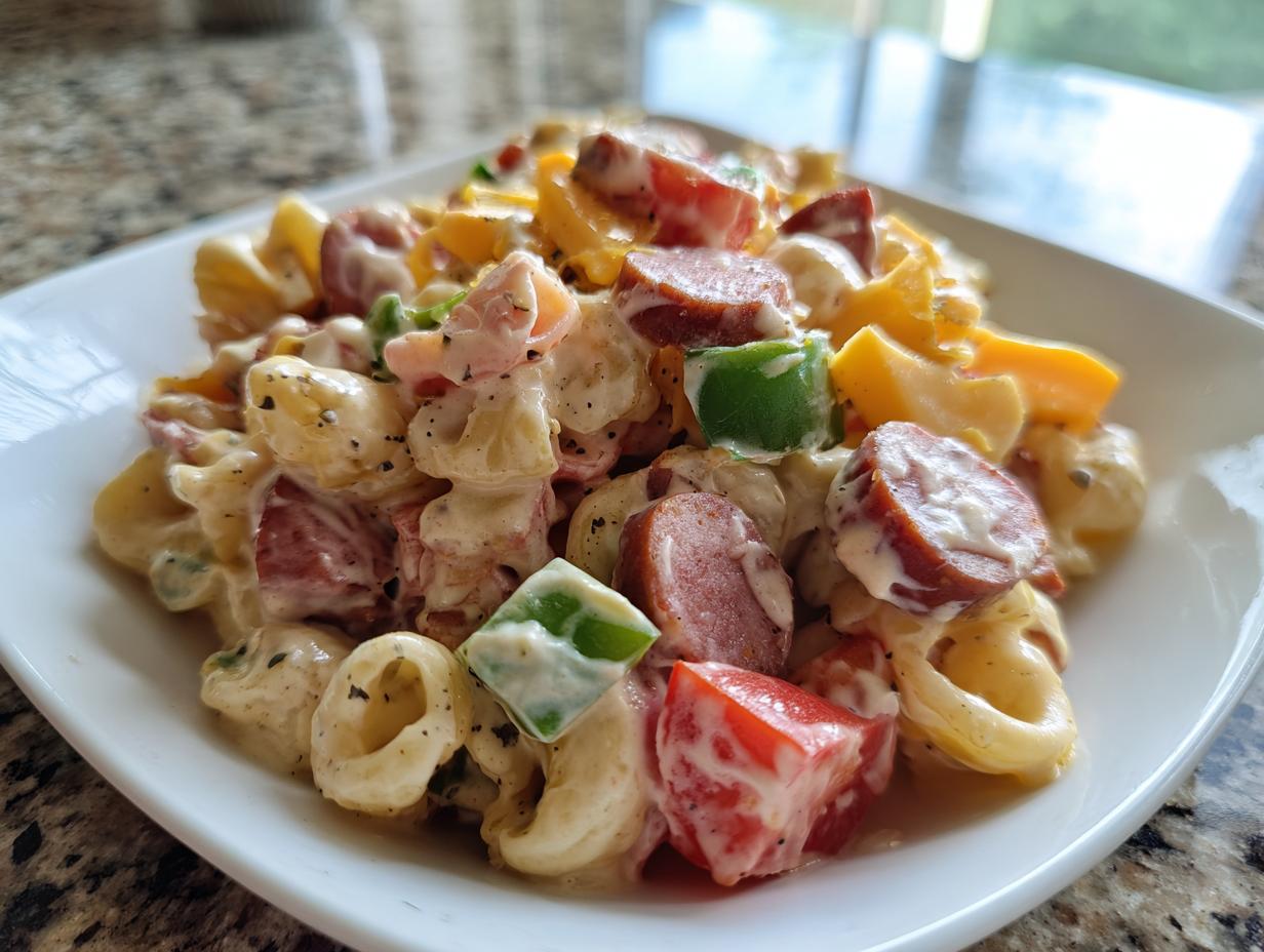 Close-up of creamy kielbasa pasta salad featuring sliced smoked sausage, colorful bell peppers, and cheddar cheese.