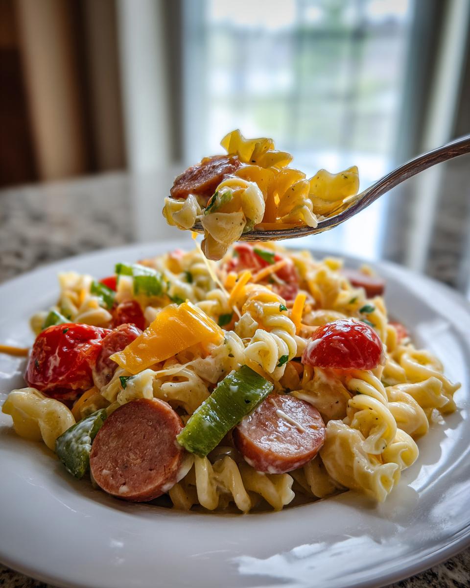 A fork lifting a bite of creamy kielbasa pasta salad, showing rotini pasta, sausage slices, peppers, and cheese.