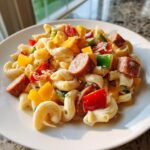 Close-up of a creamy kielbasa pasta salad featuring elbow macaroni, sliced smoked sausage, and colorful bell peppers on a white plate.