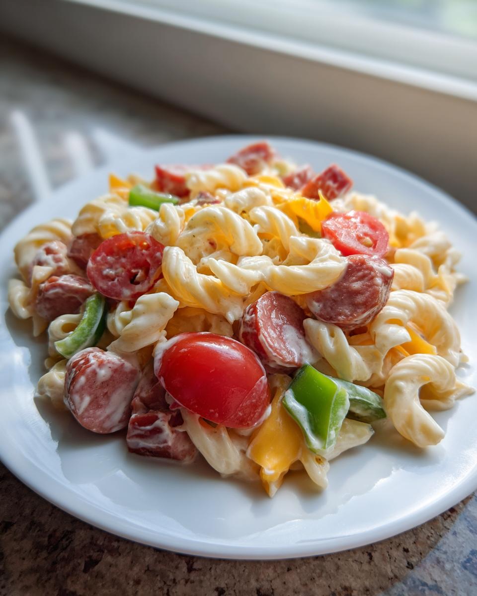 A close-up of a serving of creamy kielbasa pasta salad with rotini, tomatoes, and peppers on a white plate.