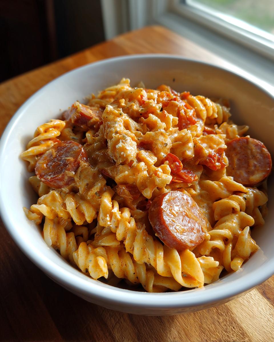 Close-up of creamy one pot kielbasa pasta with rotini noodles and sliced sausage in a white bowl.