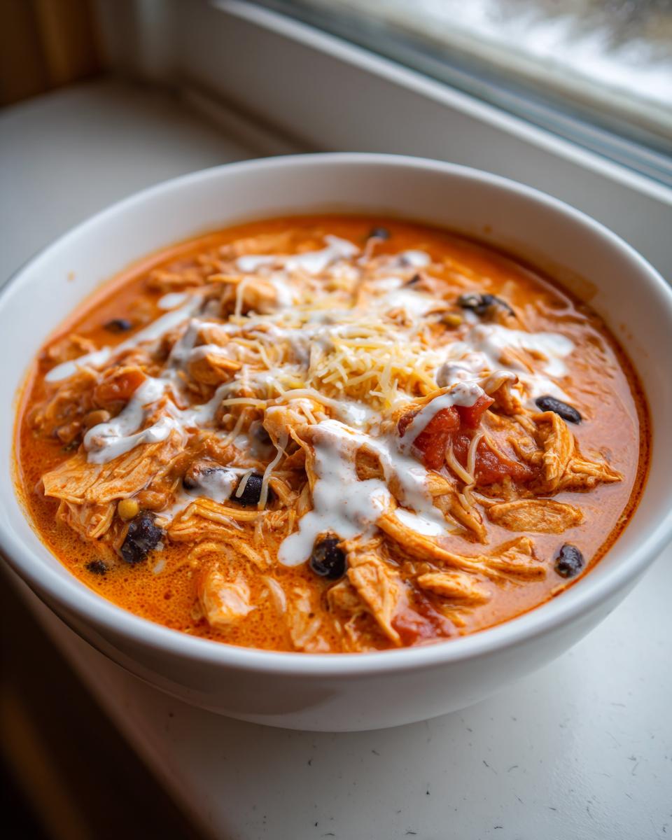 A close-up of a white bowl filled with creamy, orange slow cooker buffalo chicken chili, topped with shredded cheese and a drizzle of sour cream.