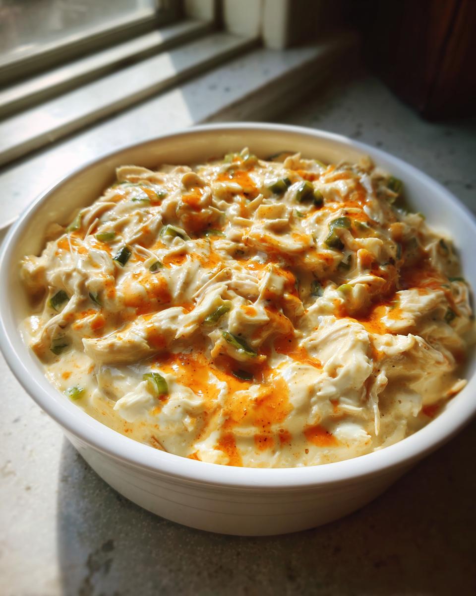 A white bowl filled with creamy slow cooker buffalo white chicken chili, topped with orange hot sauce swirls and green onions.