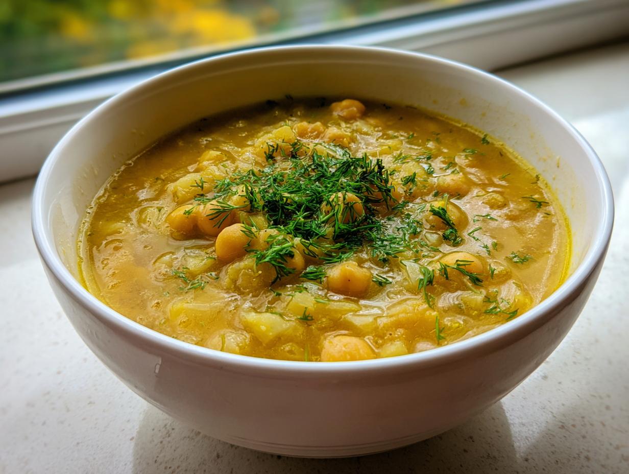 A close-up of a white bowl filled with thick, yellow chickpea soup, garnished generously with fresh dill.