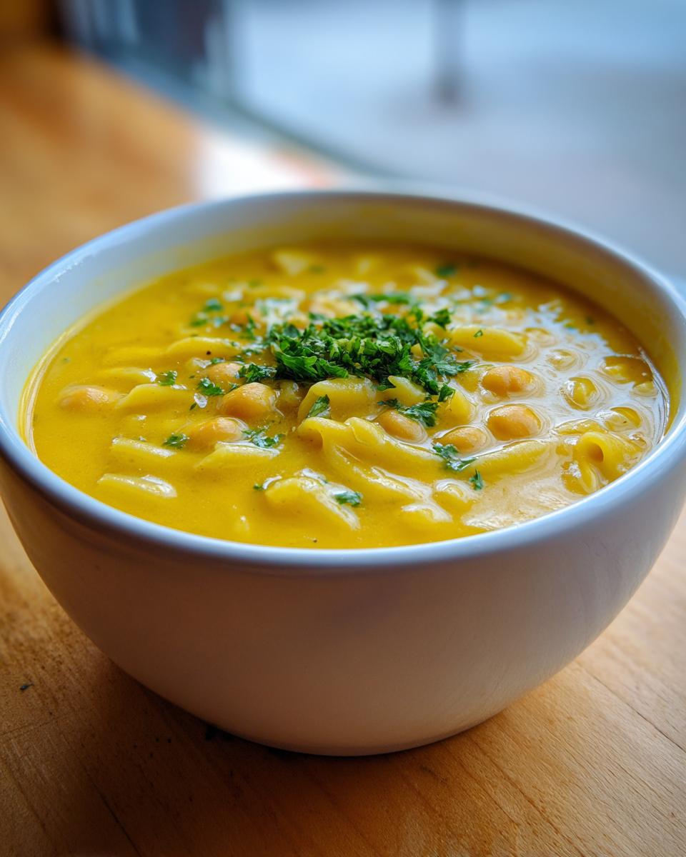 Close-up of a white bowl filled with creamy, yellow lemon chickpea soup, featuring chickpeas and small pasta, topped with fresh parsley.