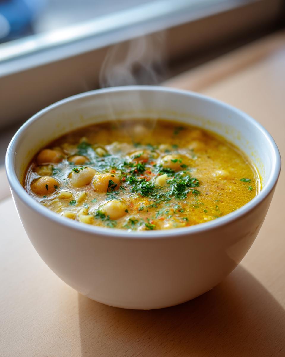 Close-up of a steaming white bowl filled with bright yellow lemon chickpea soup, garnished with fresh parsley.