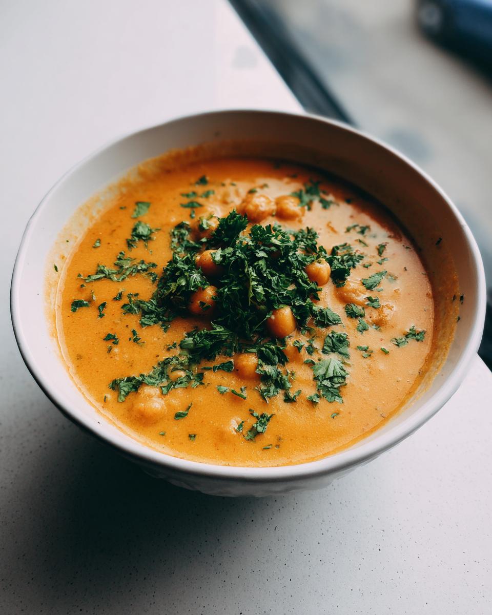 A close-up of a bowl of creamy, orange-hued marry me chickpea soup topped with whole chickpeas and fresh parsley.