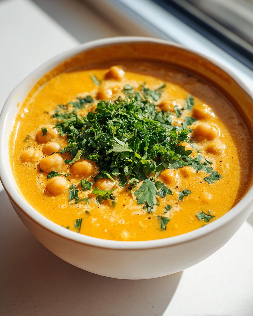 Close-up of a vibrant, creamy marry me chickpea soup in a white bowl, garnished heavily with fresh chopped parsley.