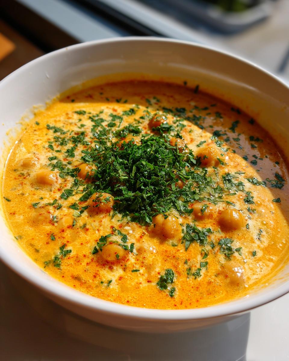 Close-up of a creamy, orange-hued marry me chickpea soup topped with fresh parsley and paprika.