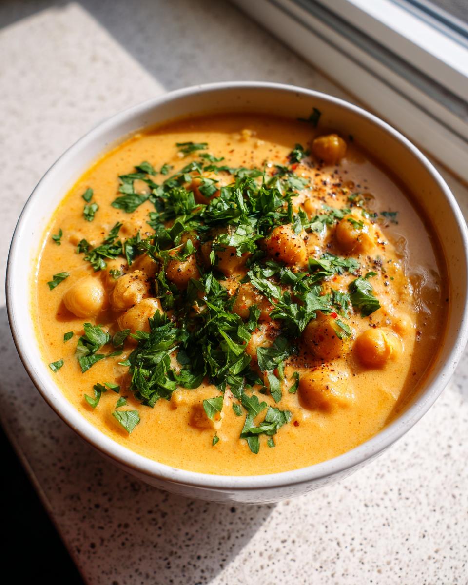 A close-up of a creamy, orange-hued marry me chickpea soup topped generously with fresh chopped parsley and pepper flakes.