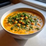 A close-up of a bowl of creamy, orange-hued marry me chickpea soup garnished heavily with fresh chopped parsley and whole chickpeas.