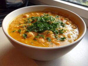 A close-up of a creamy, orange-hued marry me chickpea soup topped generously with fresh chopped parsley.