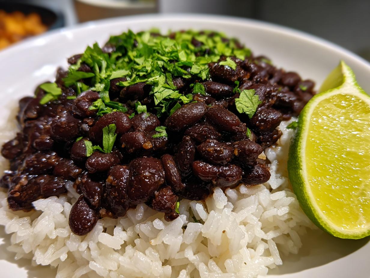 A close-up of a serving of flavorful black beans and rice topped with fresh cilantro and a lime wedge.