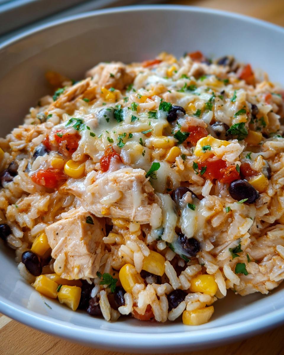 Close-up of a white bowl filled with one pot chicken burrito bowl ingredients: rice, chicken chunks, black beans, corn, and melted cheese, topped with parsley.