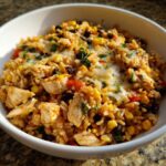 Close-up of a white bowl filled with one pot chicken burrito bowl, featuring rice, chicken chunks, black beans, corn, and melted cheese.