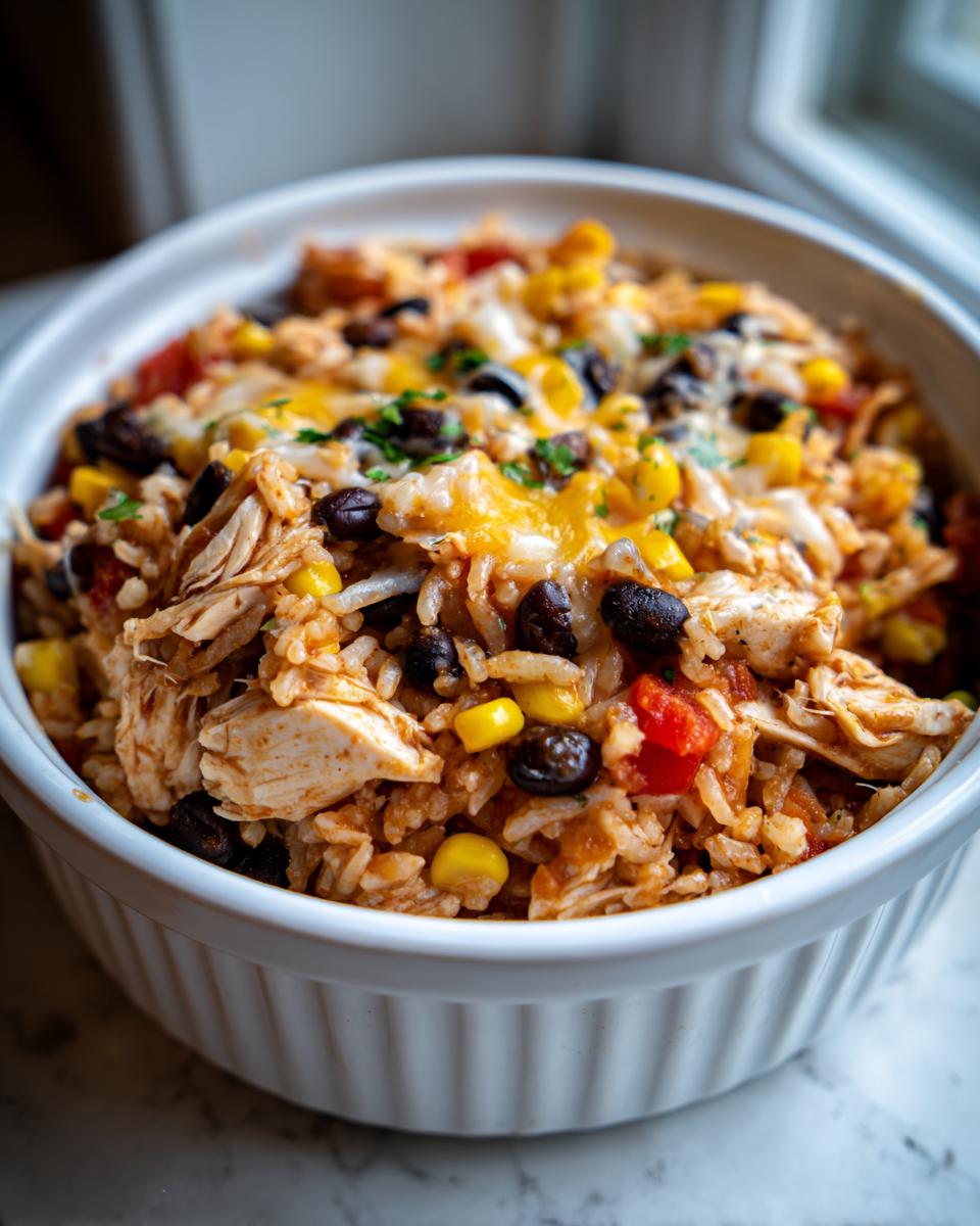 Close-up of a white bowl filled with one pot chicken burrito bowl, featuring shredded chicken, rice, black beans, corn, and melted cheese.