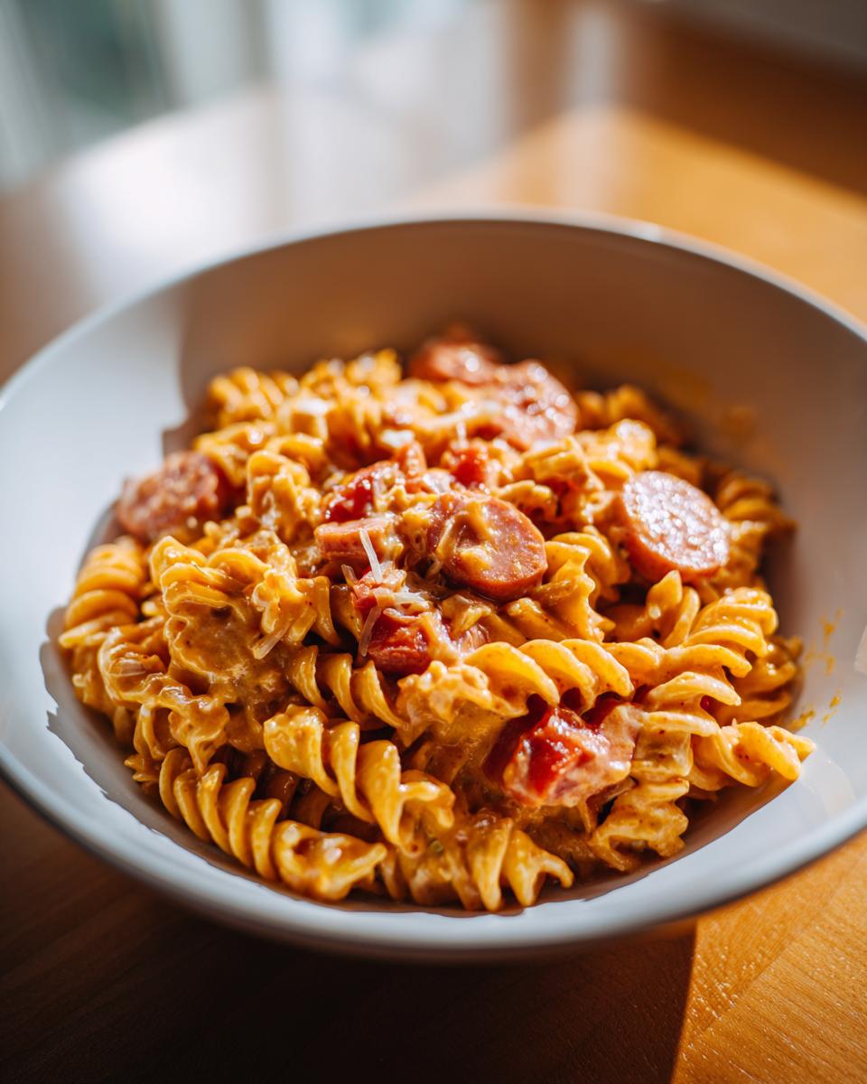 Close-up of a serving of one pot kielbasa pasta with rotini noodles and sliced sausage in a white bowl.