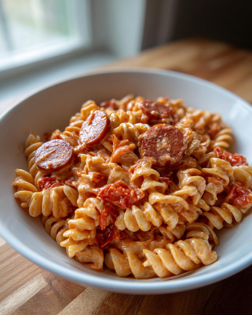 Close-up of creamy one pot kielbasa pasta featuring fusilli noodles, sliced sausage, and tomatoes in a white bowl.