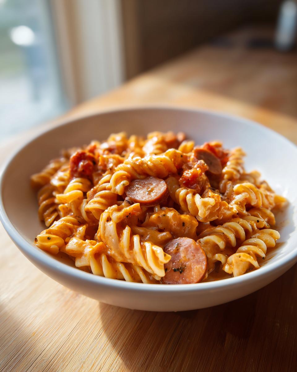 A close-up of a white bowl filled with creamy one pot kielbasa pasta featuring rotini noodles and sliced sausage.