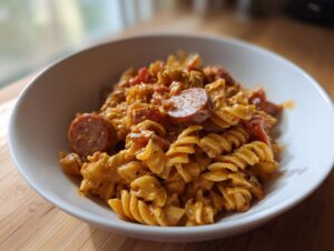 A close-up of a creamy, orange-hued one pot kielbasa pasta featuring rotini noodles and sliced smoked sausage.