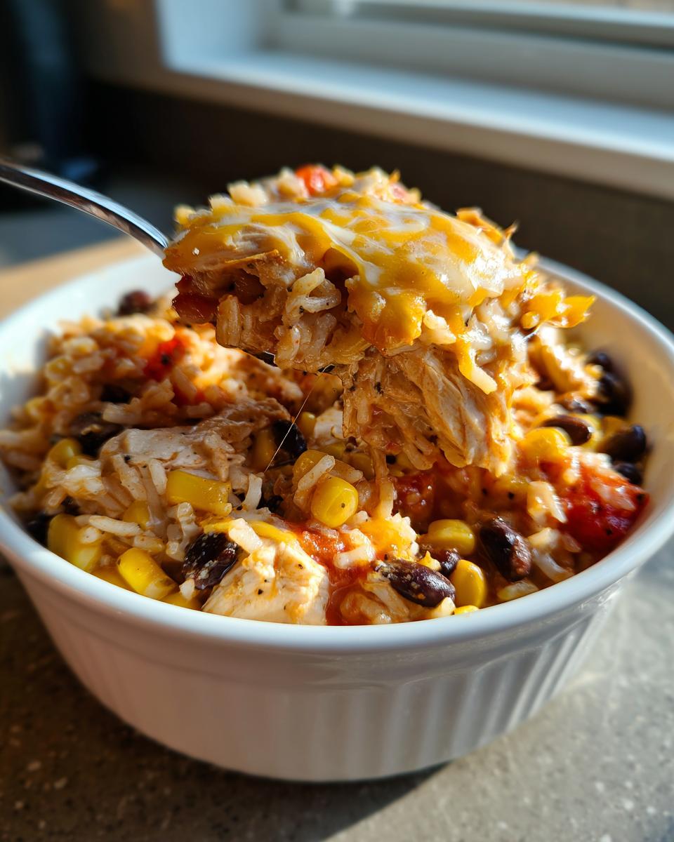 A spoonful of cheesy one pot chicken burrito bowl being lifted from a white bowl, showing rice, chicken, corn, and black beans.