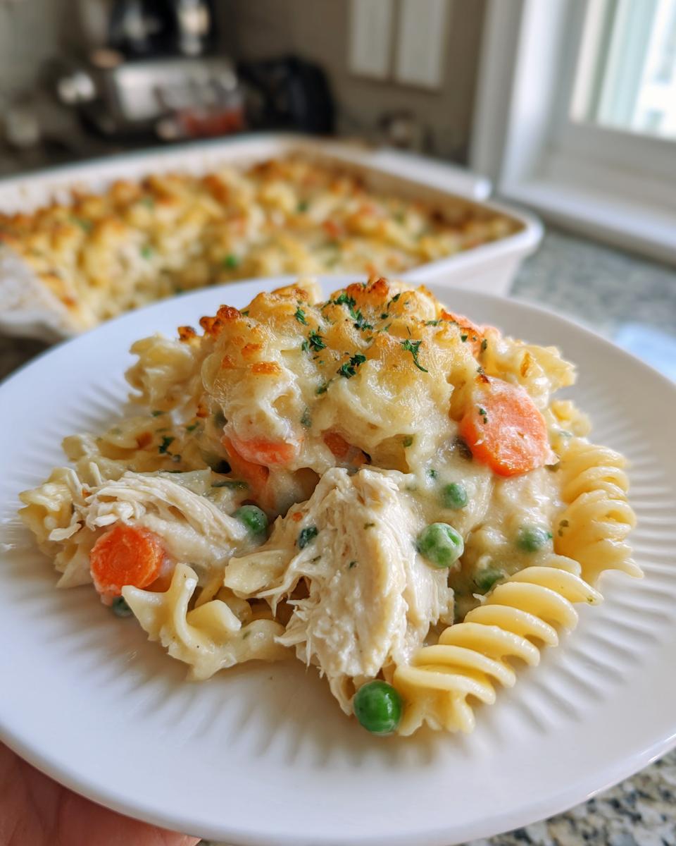 A close-up serving of creamy chicken pot pie pasta featuring shredded chicken, carrots, and peas, topped with melted cheese.