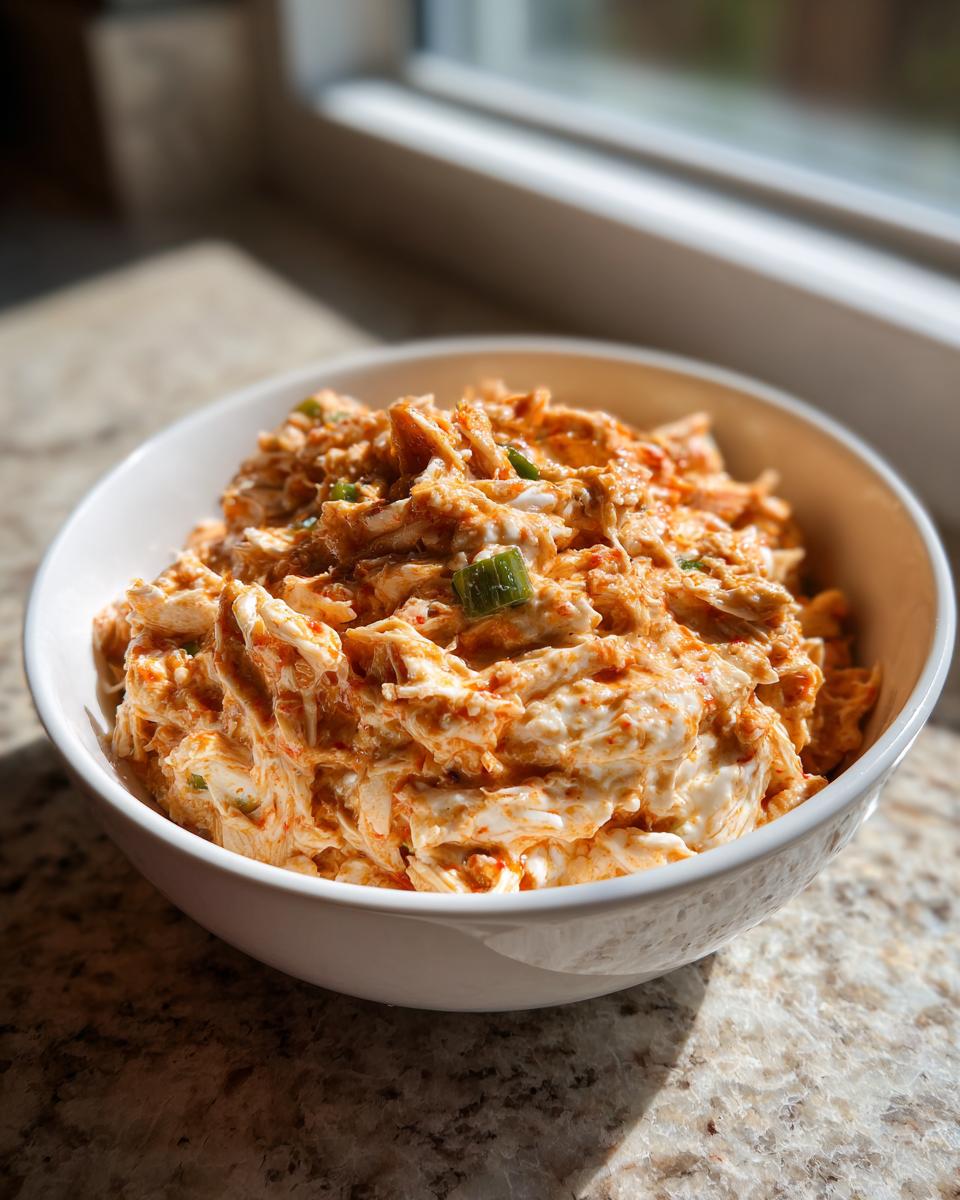 Close-up of shredded chicken mixed with creamy orange buffalo sauce, ready for slow cooker buffalo white chicken chili.