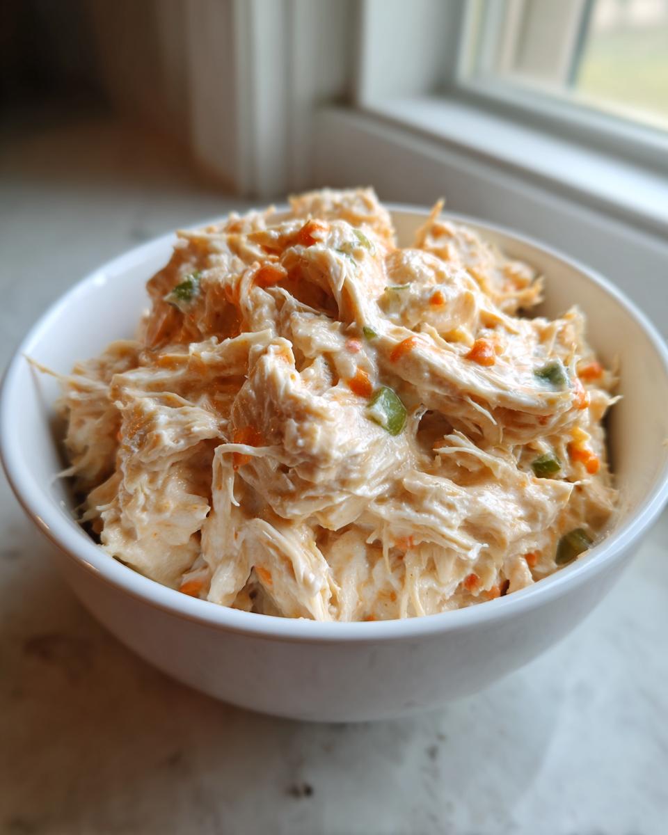 Close-up of shredded chicken mixed with sauce and diced vegetables in a white bowl, ready for slow cooker buffalo white chicken chili.