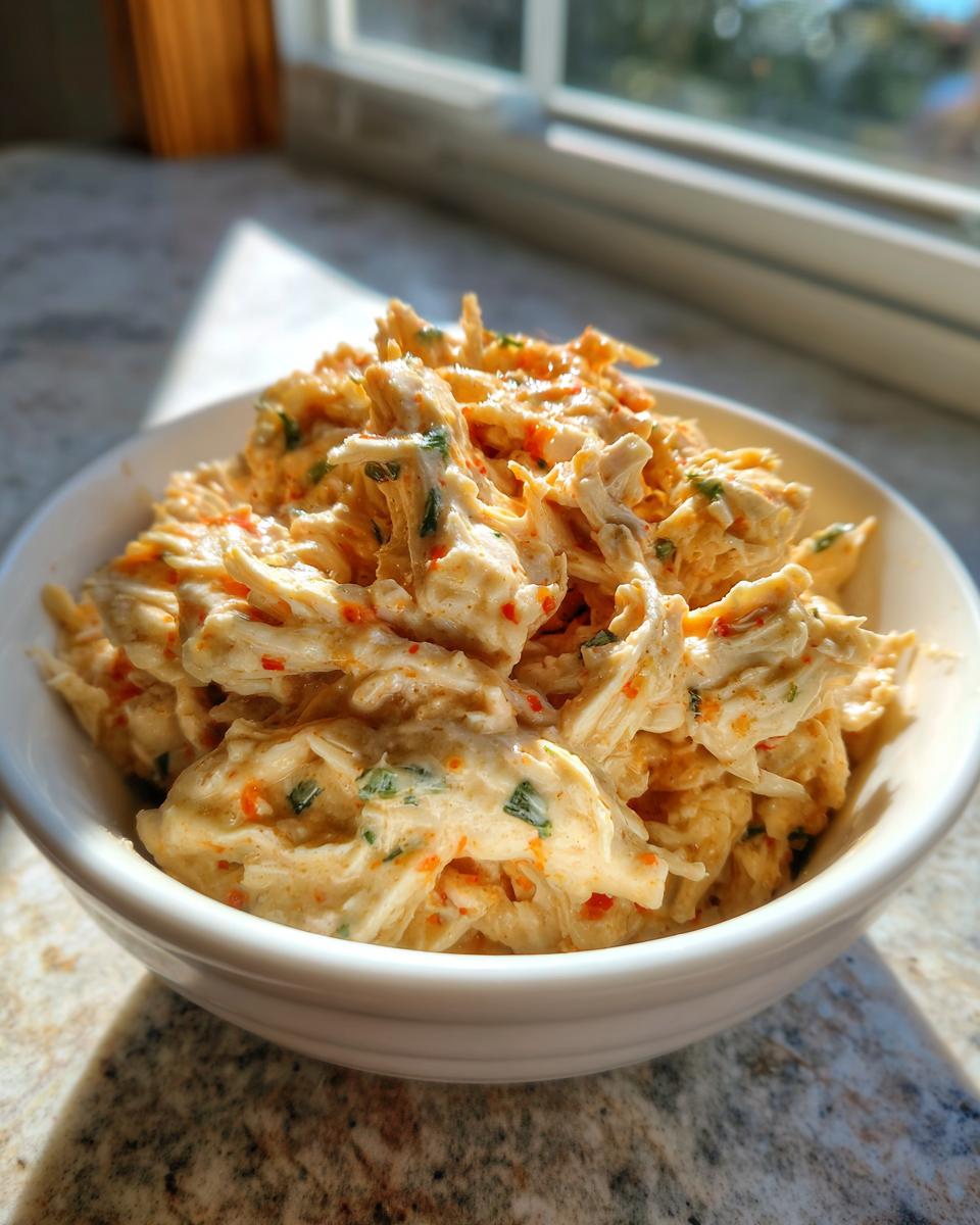 Close-up of shredded chicken mixed with a creamy, orange-tinted sauce and green herbs, likely part of the slow cooker buffalo white chicken chili.