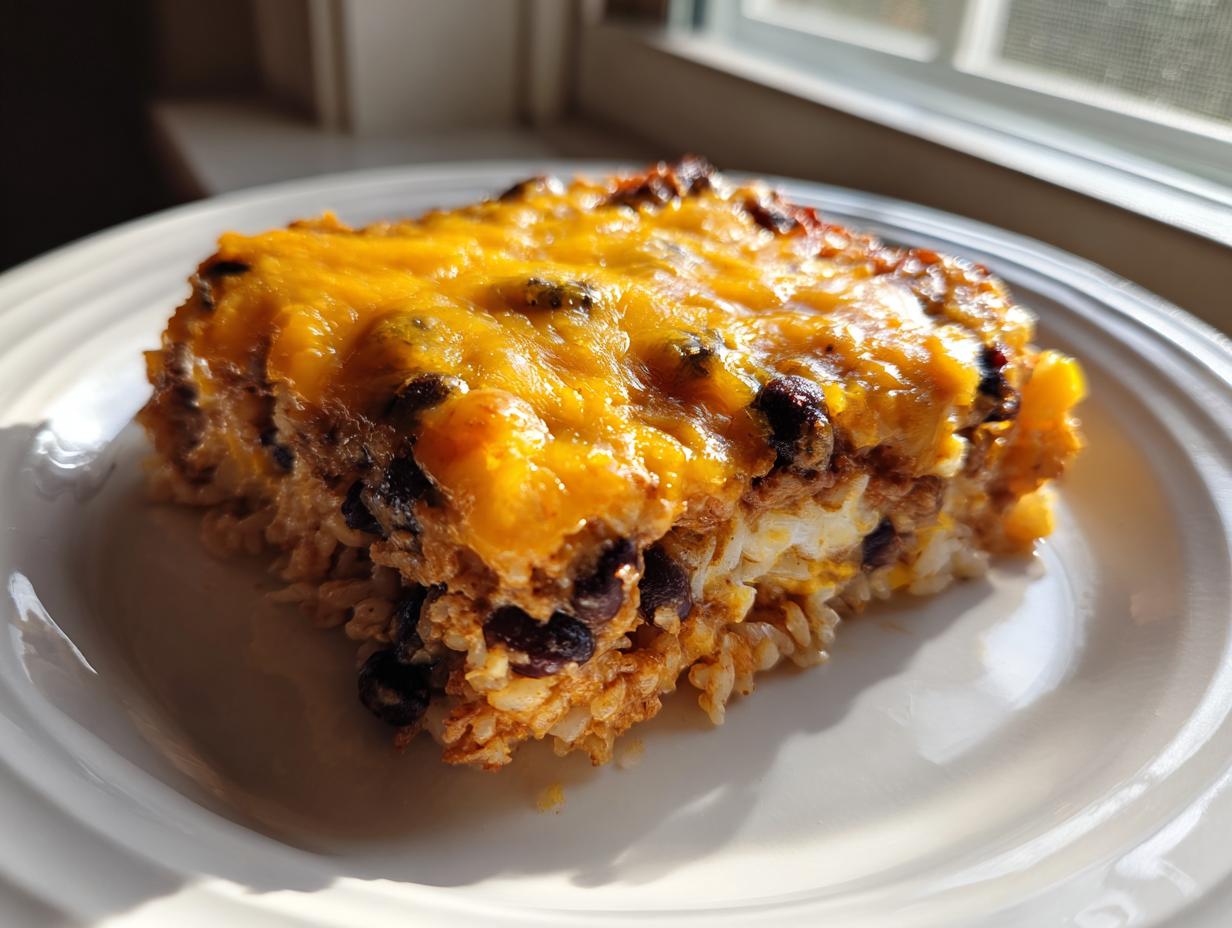 A hearty slice of black bean and rice casserole topped with melted cheddar cheese, served on a white plate.