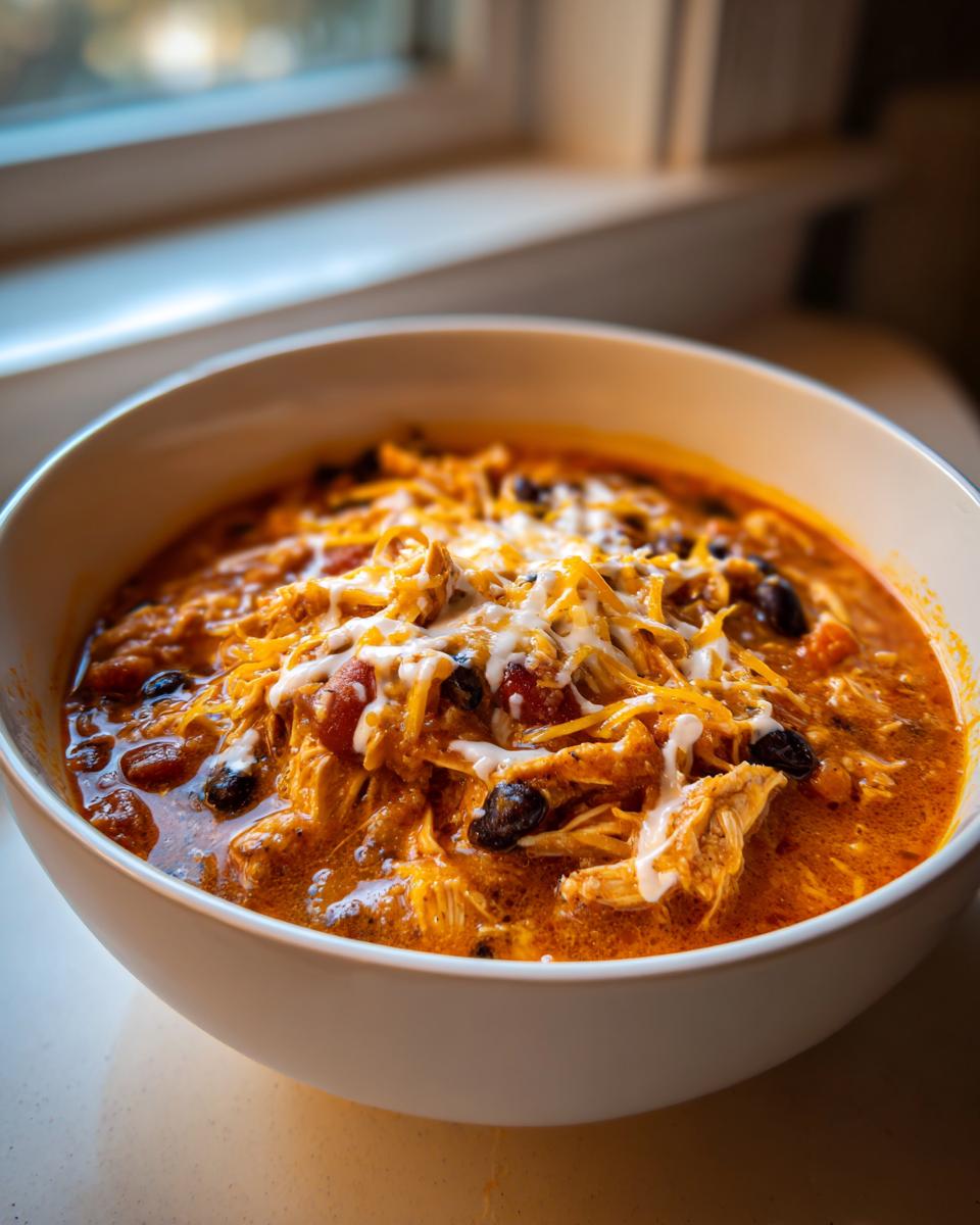 A hearty bowl of slow cooker buffalo chicken chili topped with shredded cheese and a drizzle of sour cream.