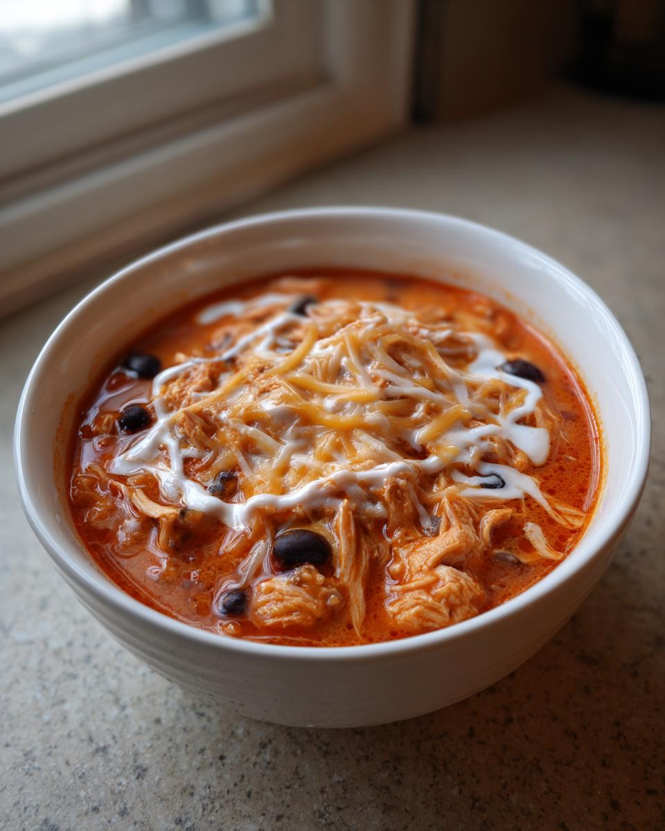 A close-up of a white bowl filled with vibrant orange slow cooker buffalo chicken chili, topped with shredded cheese and sour cream.