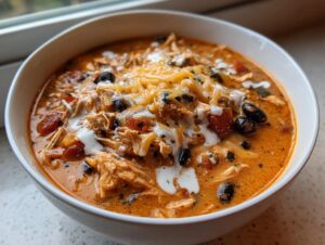 A close-up of a white bowl filled with creamy slow cooker buffalo chicken chili, topped with shredded cheese, sour cream, and black beans.