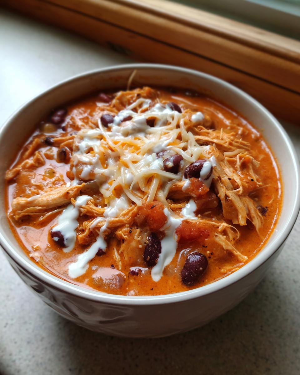 A close-up of a bowl of creamy, orange slow cooker buffalo chicken chili topped with shredded cheese, sour cream, and kidney beans.