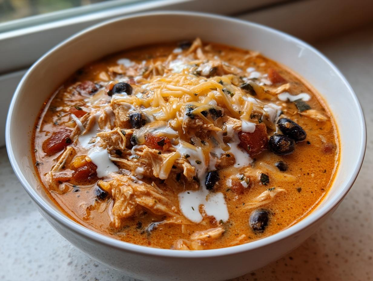 A close-up of a white bowl filled with creamy slow cooker buffalo chicken chili, topped with shredded cheese, sour cream, and black beans.