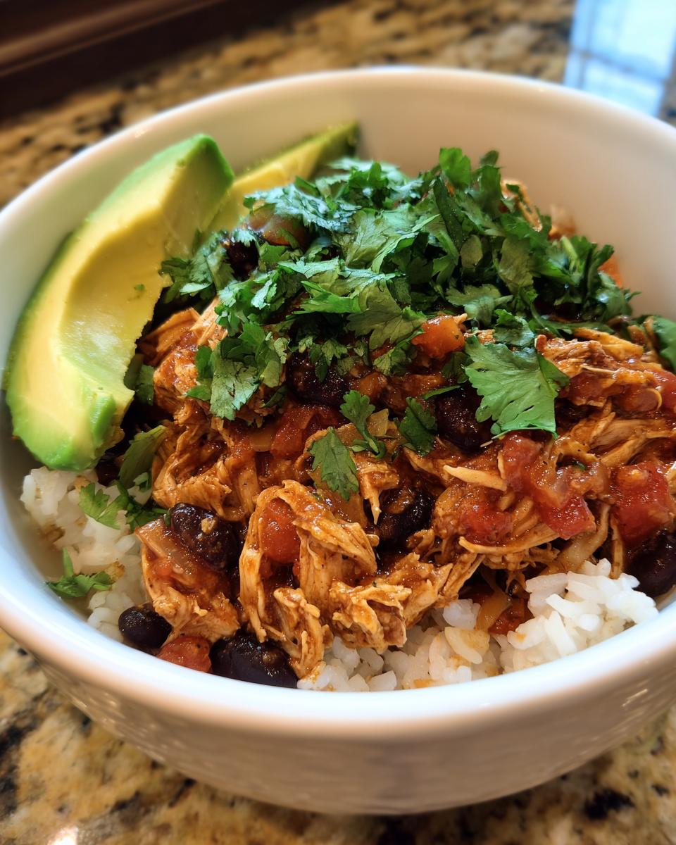 Close-up of a white bowl filled with rice, shredded chicken, black beans, topped generously with fresh cilantro and avocado slices, representing a slow cooker chicken burrito bowl.