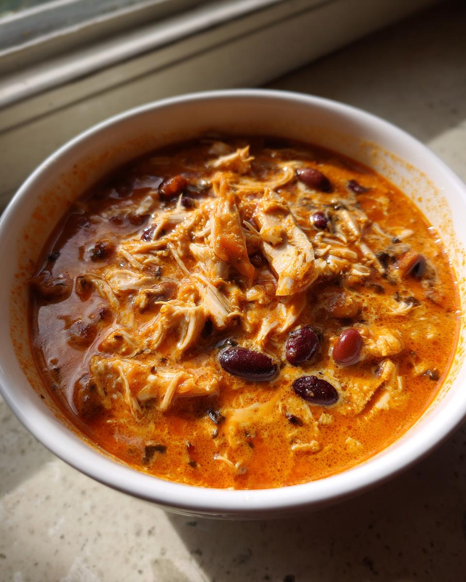 Close-up of a white bowl filled with creamy, orange-red slow cooker gourmet buffalo chicken chili featuring shredded chicken and kidney beans.