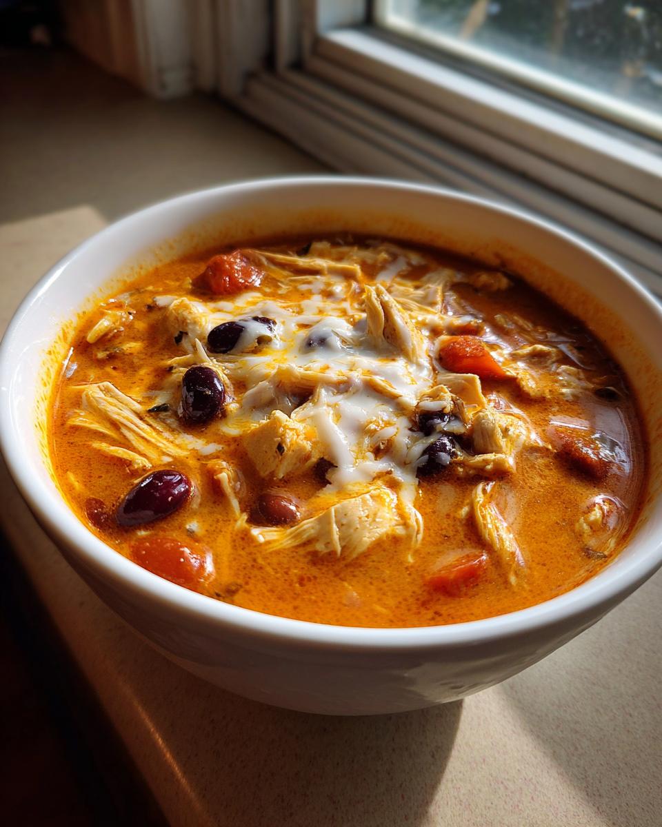 A close-up of a white bowl filled with rich, orange slow cooker gourmet buffalo chicken chili, topped with melted cheese, shredded chicken, and black beans.