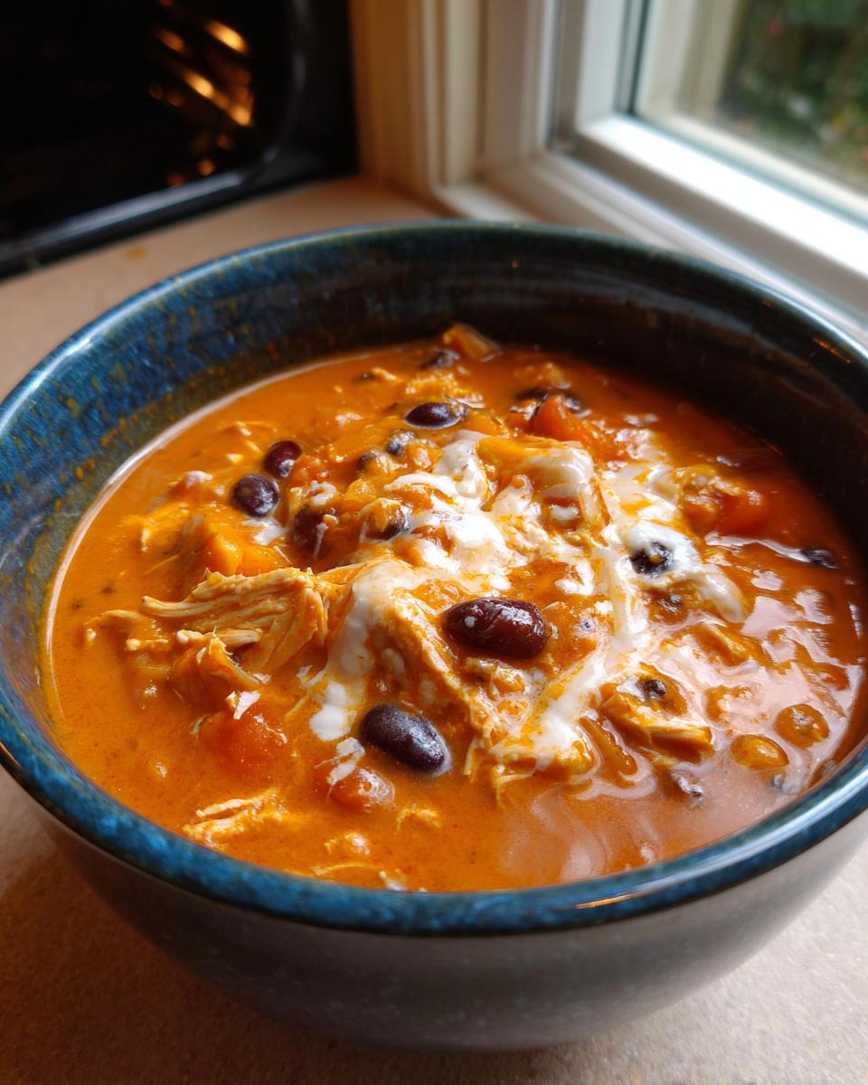A close-up of a bowl of rich, orange slow cooker gourmet buffalo chicken chili topped with melted cheese and black beans.