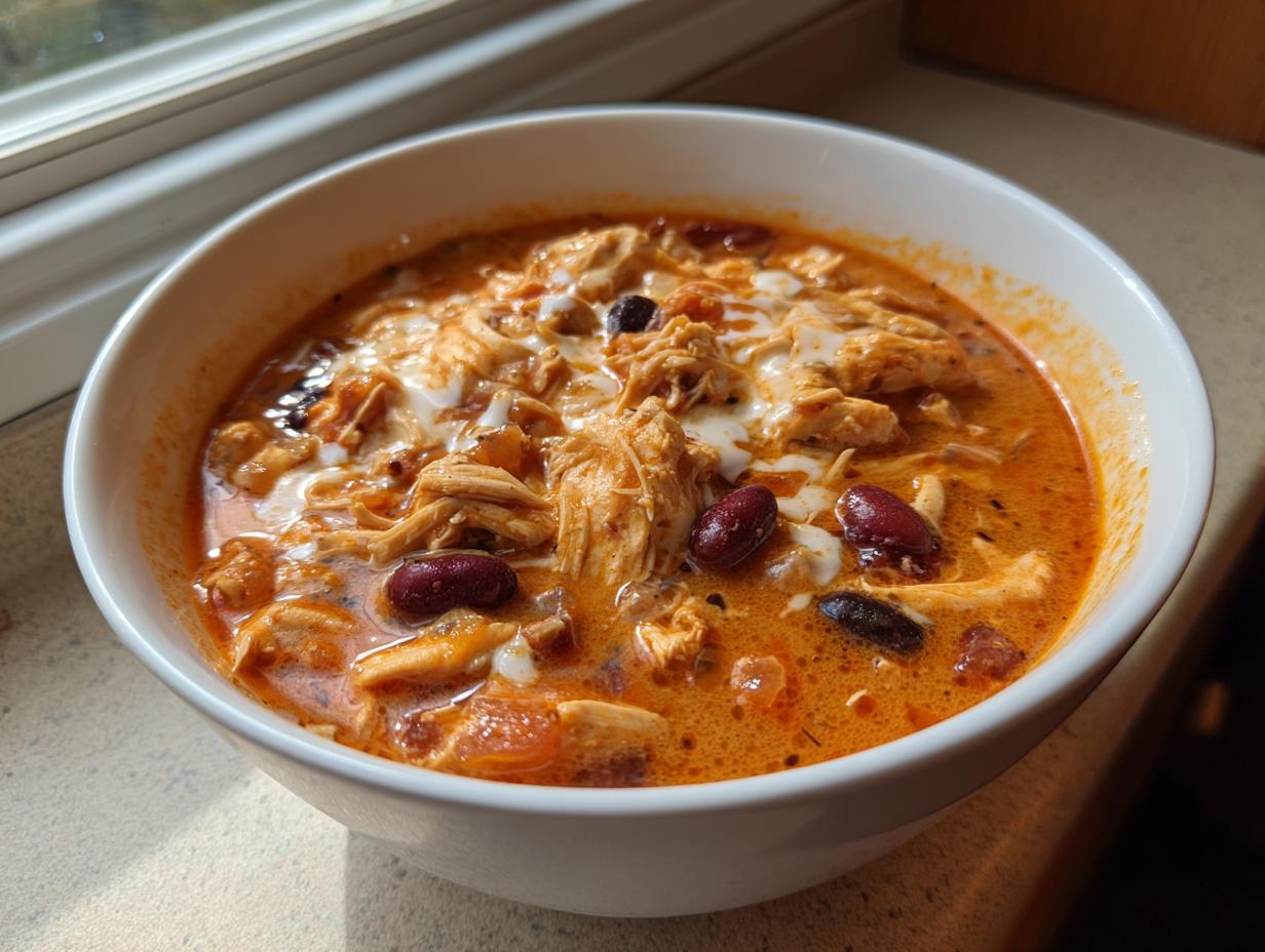 A close-up of a white bowl filled with rich, orange slow cooker gourmet buffalo chicken chili, topped with shredded chicken and a swirl of cream.