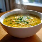 Close-up of a steaming white bowl filled with bright yellow lemon chickpea soup, featuring chickpeas, small pasta, and fresh parsley garnish.