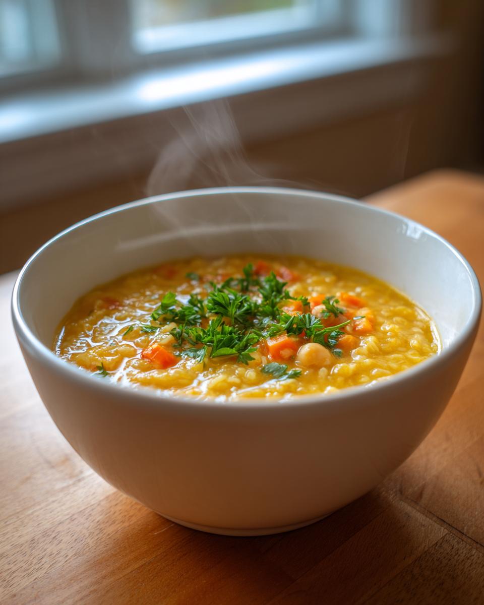 A steaming white bowl filled with vibrant yellow lemon chickpea soup, topped with fresh parsley and visible carrots and chickpeas.