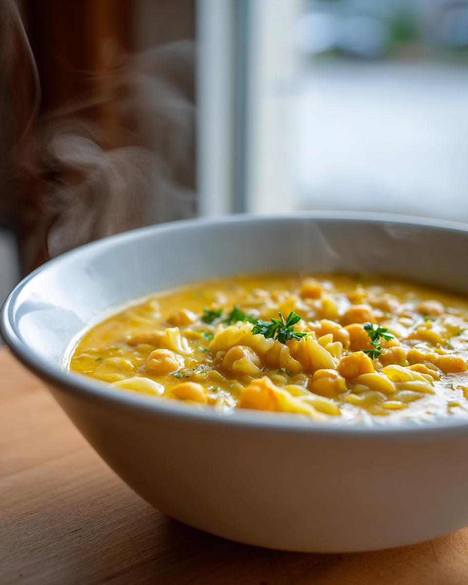 A close-up of a steaming white bowl filled with thick, yellow lemon chickpea soup, garnished with fresh parsley.